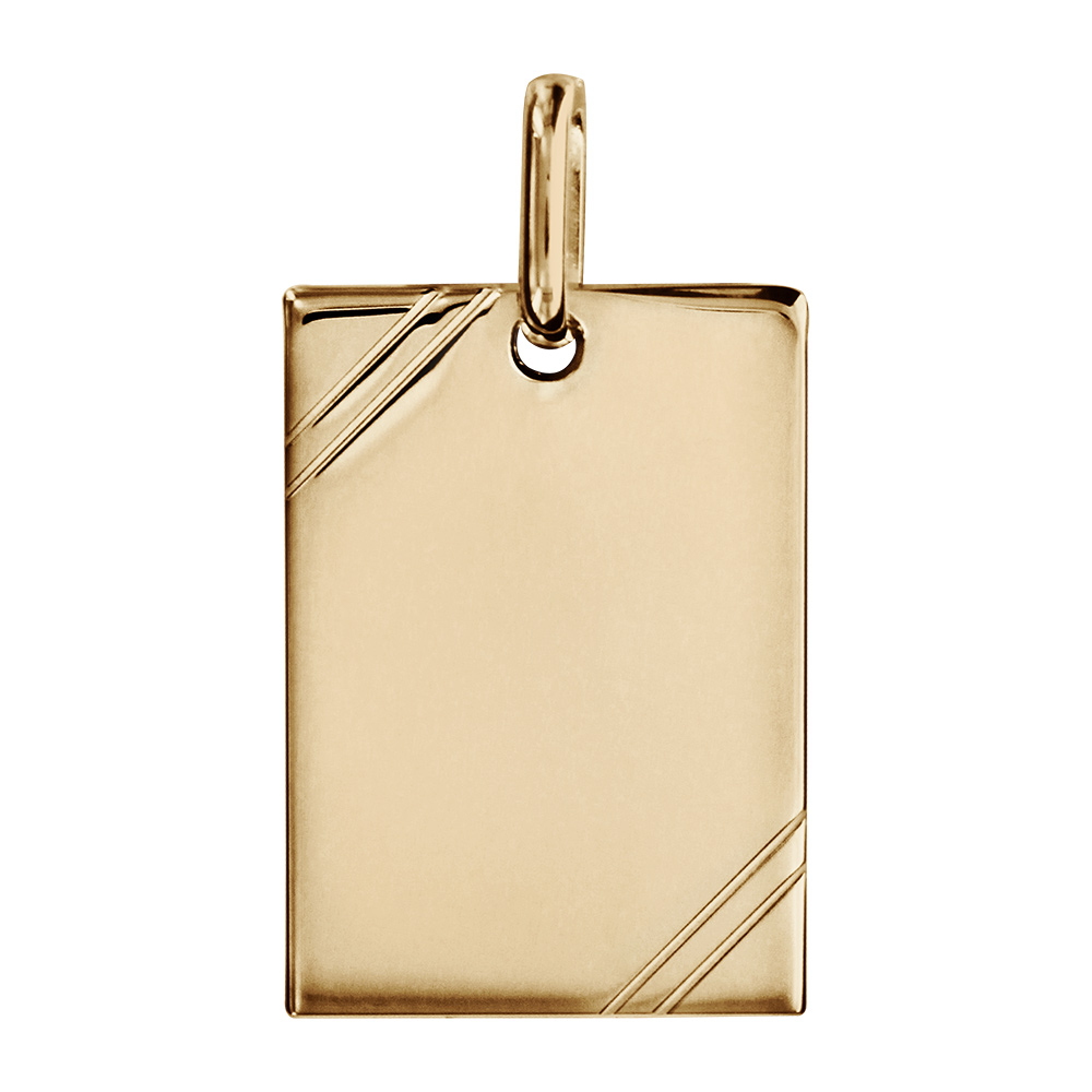 Pendentif en plaqué or plaque G.I. rectangulaire à graver avec striures dans 2 angles - dimensions 20mm X 15mm - plaque fine