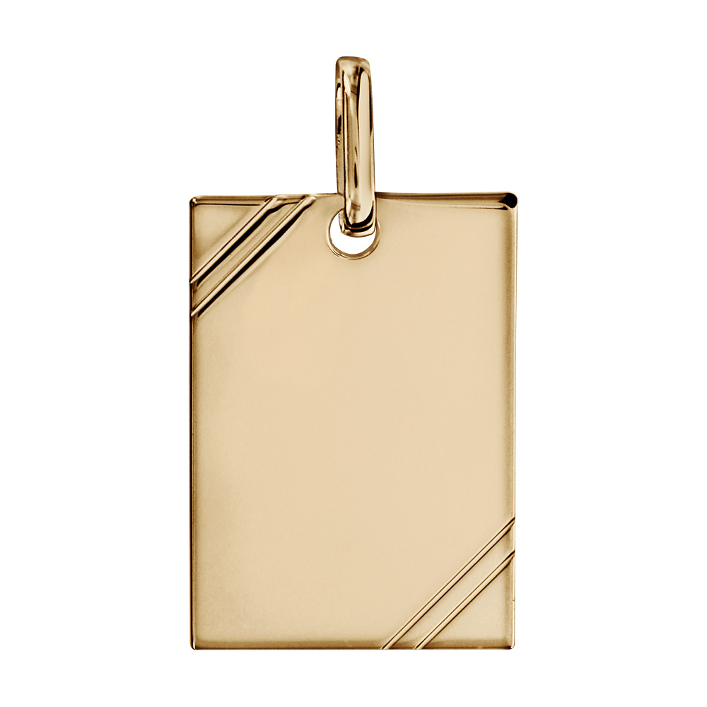 Pendentif en plaqué or plaque G.I. rectangulaire à graver avec striures dans 2 angles - dimensions 30mm X 20mm - plaque fine