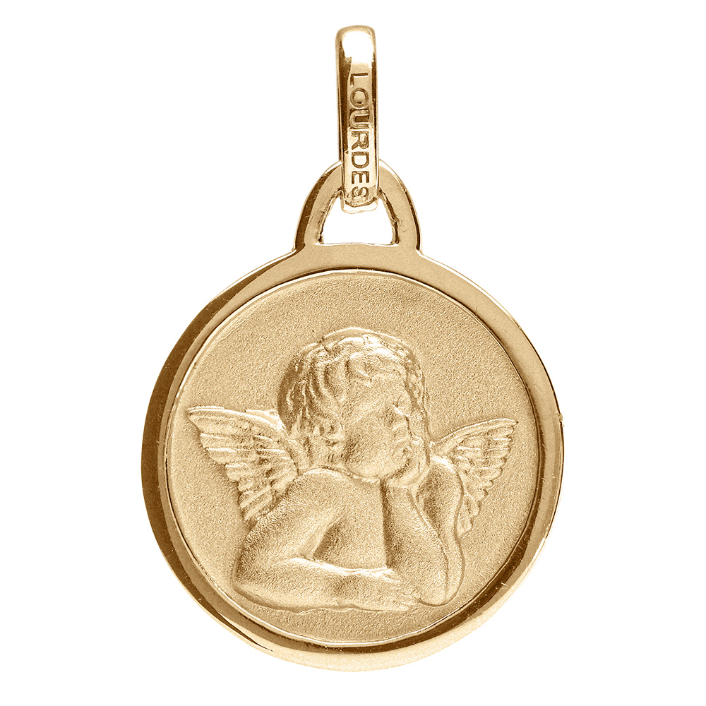 Pendentif médaille en plaqué or avec ange et bord brillant