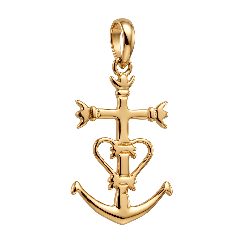 Pendentif en plaqué or croix Camarguaise moyen modèle - Symbole de la Camargue, tridents, ancre et coeur