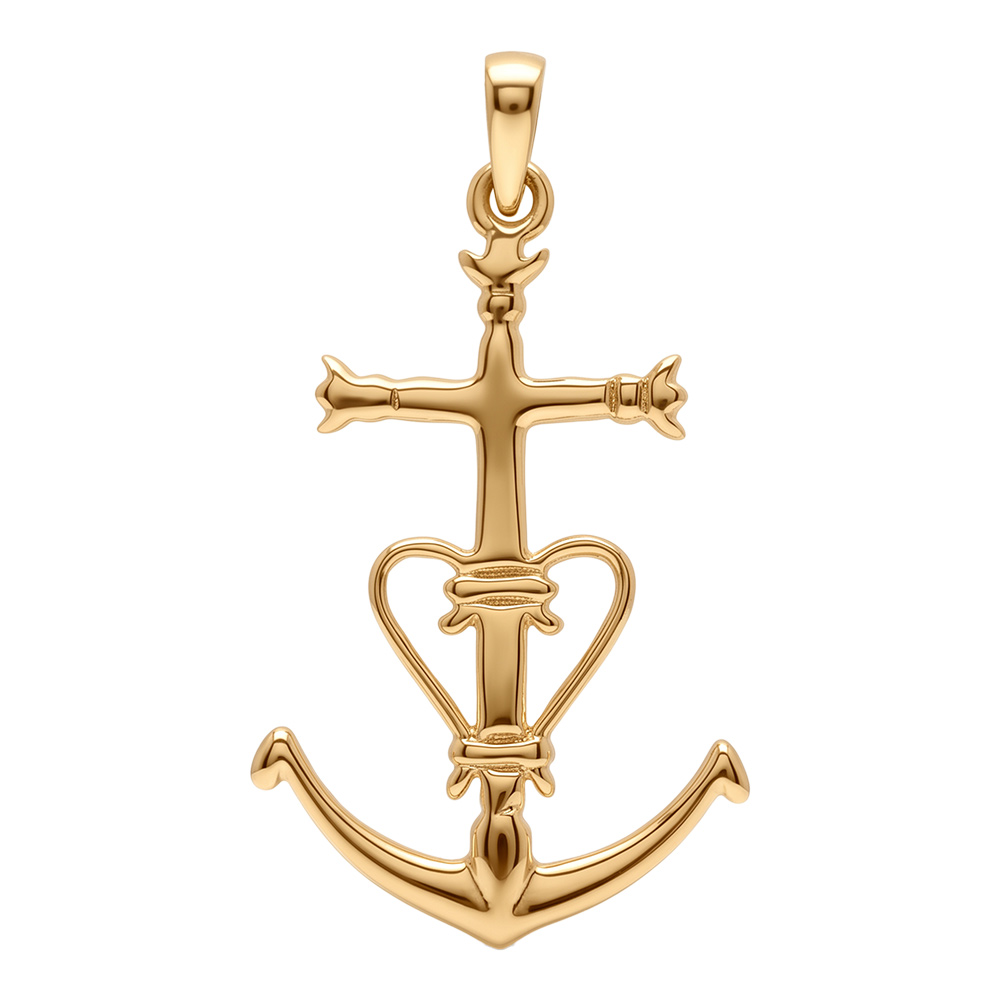 Pendentif en plaqué or croix camarguaise grand modèle - Symbole de la Camargue, tridents, ancre et coeur