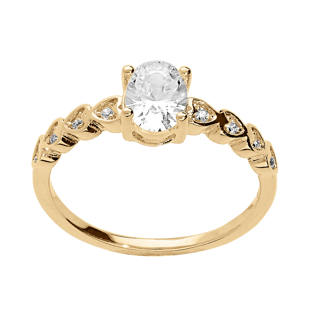 Bague en plaqué or solitaire avec oxydes blancs ovale sertis griffes