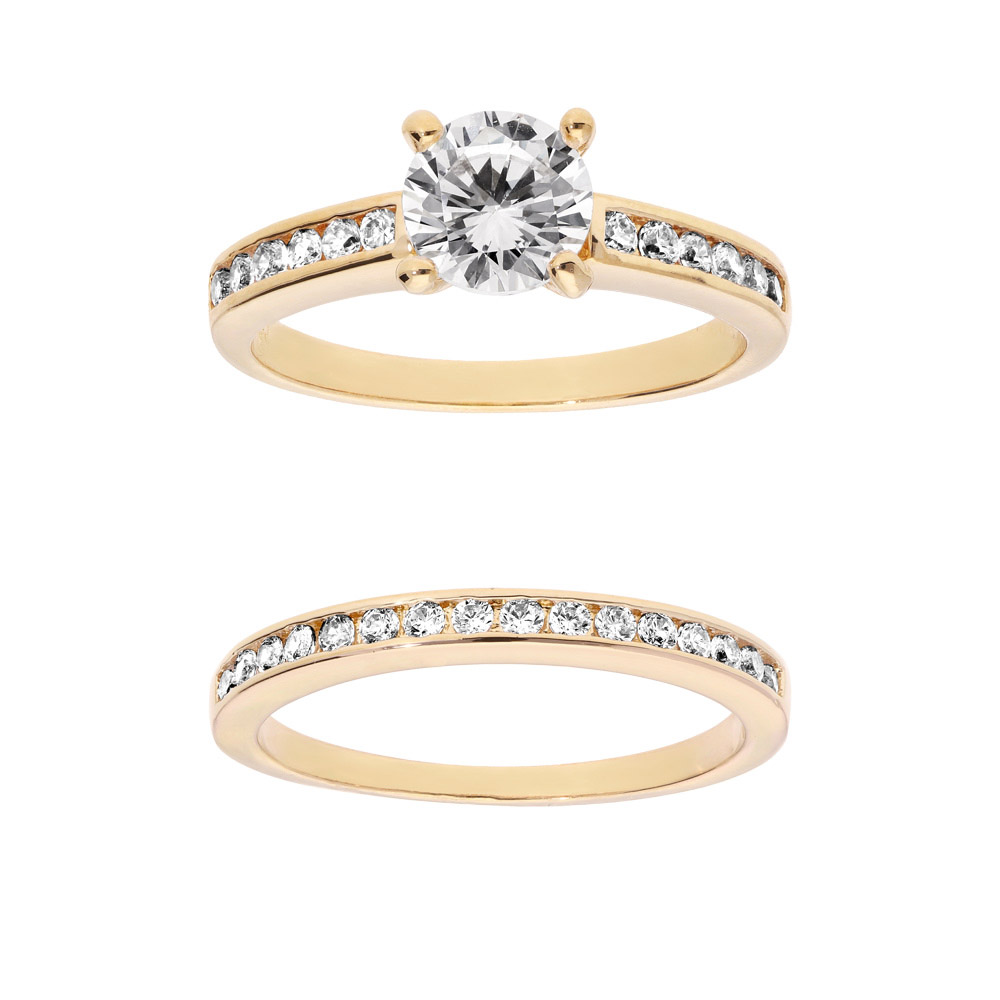 Bague double en plaqué or : 1 anneau rail d'oxydes et 1 anneau rail d'oxydes et solitaire blanc