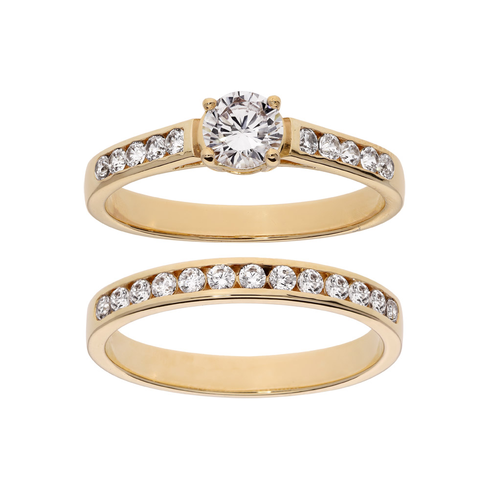 Bague en plaqué or grande taille double anneau avec rail pierres blanches et 1 solitaire blanc