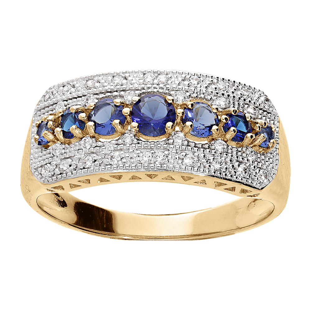 Bague en plaqué or large avec oxydes bleus et blancs sertis