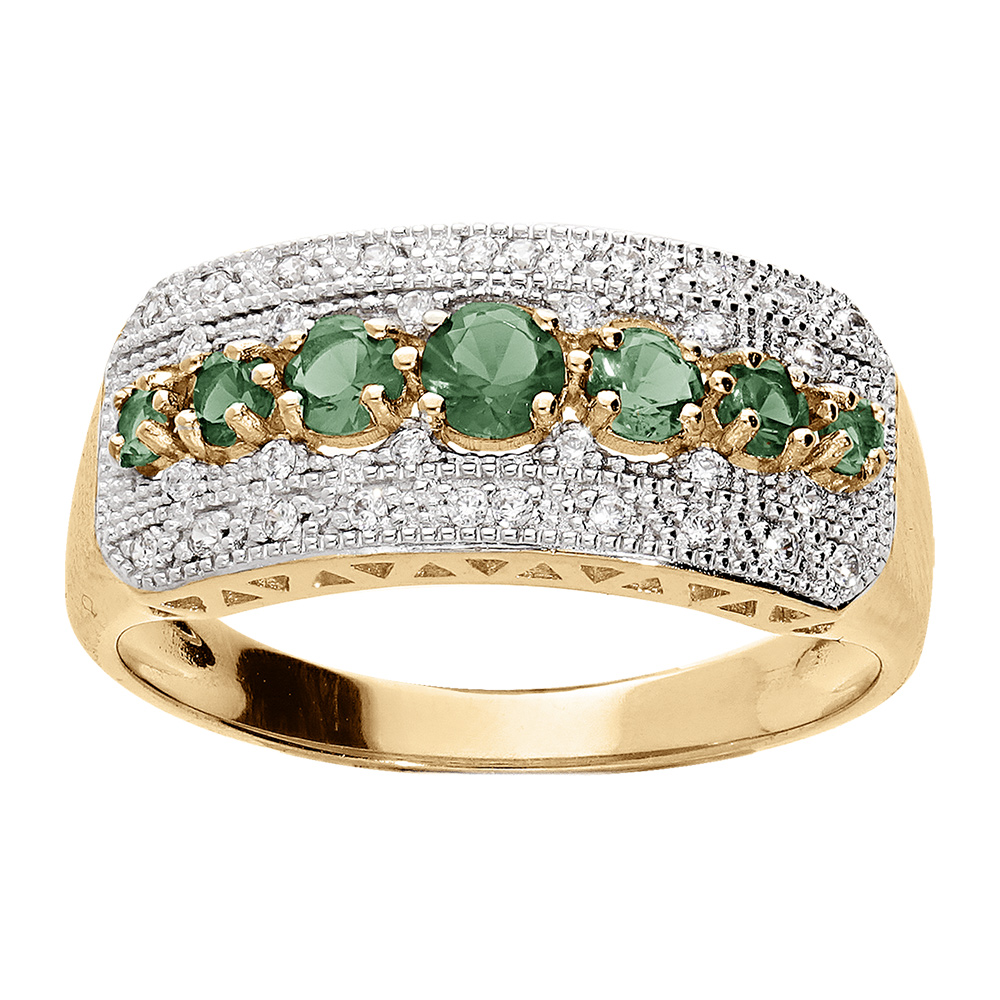 Bague en plaqué or large avec oxydes verts et blancs sertis