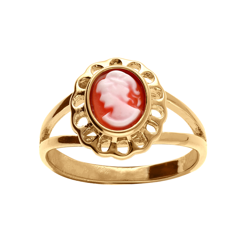 Bague camée en plaqué or Camée rose vif et dentelle autour