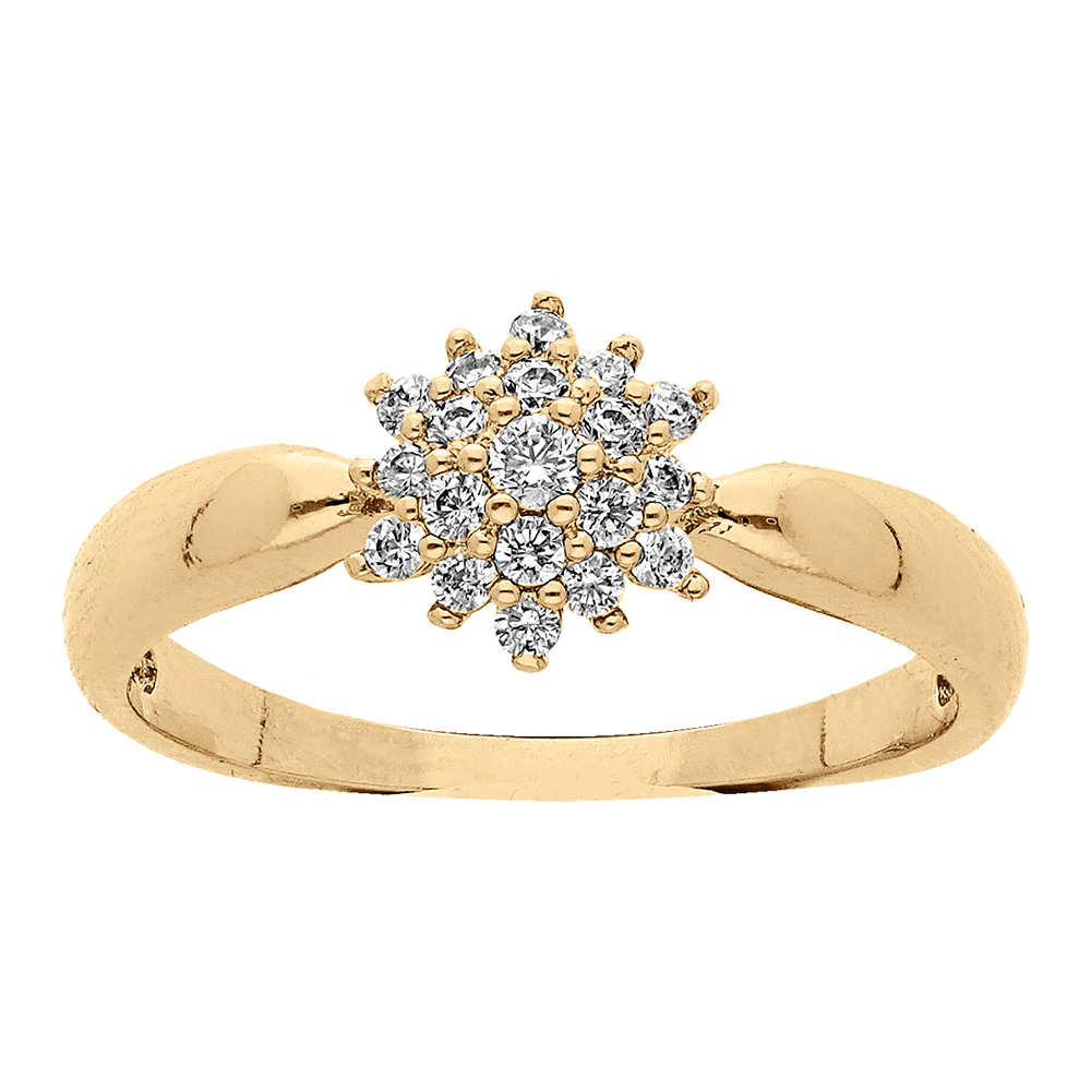 Bague en plaqué or solitaire forme de fleur avec oxydes blancs sertis