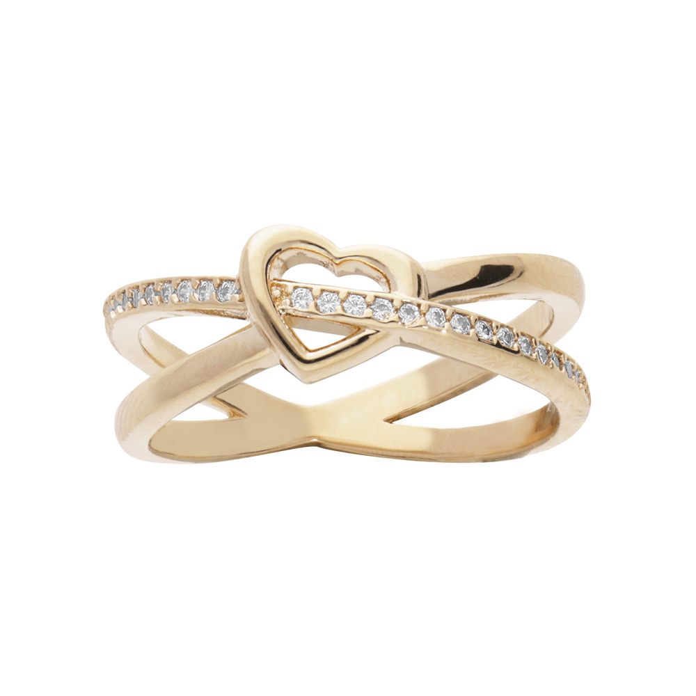 Bague en plaqué or croisé avec coeur et oxydes blancs sertis