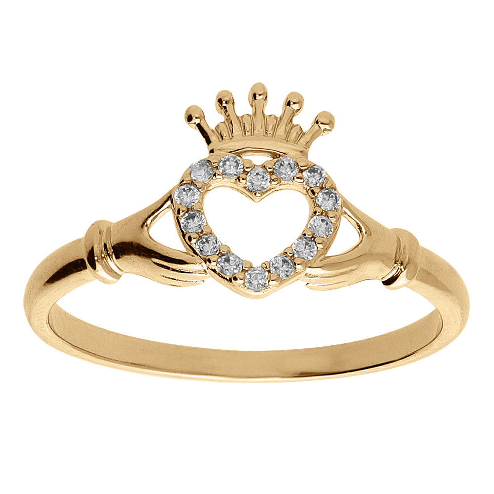 Bague en plaqué or symbole Claddagh d'Irlande (amitie, amour, loyauté) 2 mains avec 1 coeur et oxydes blancs sertis