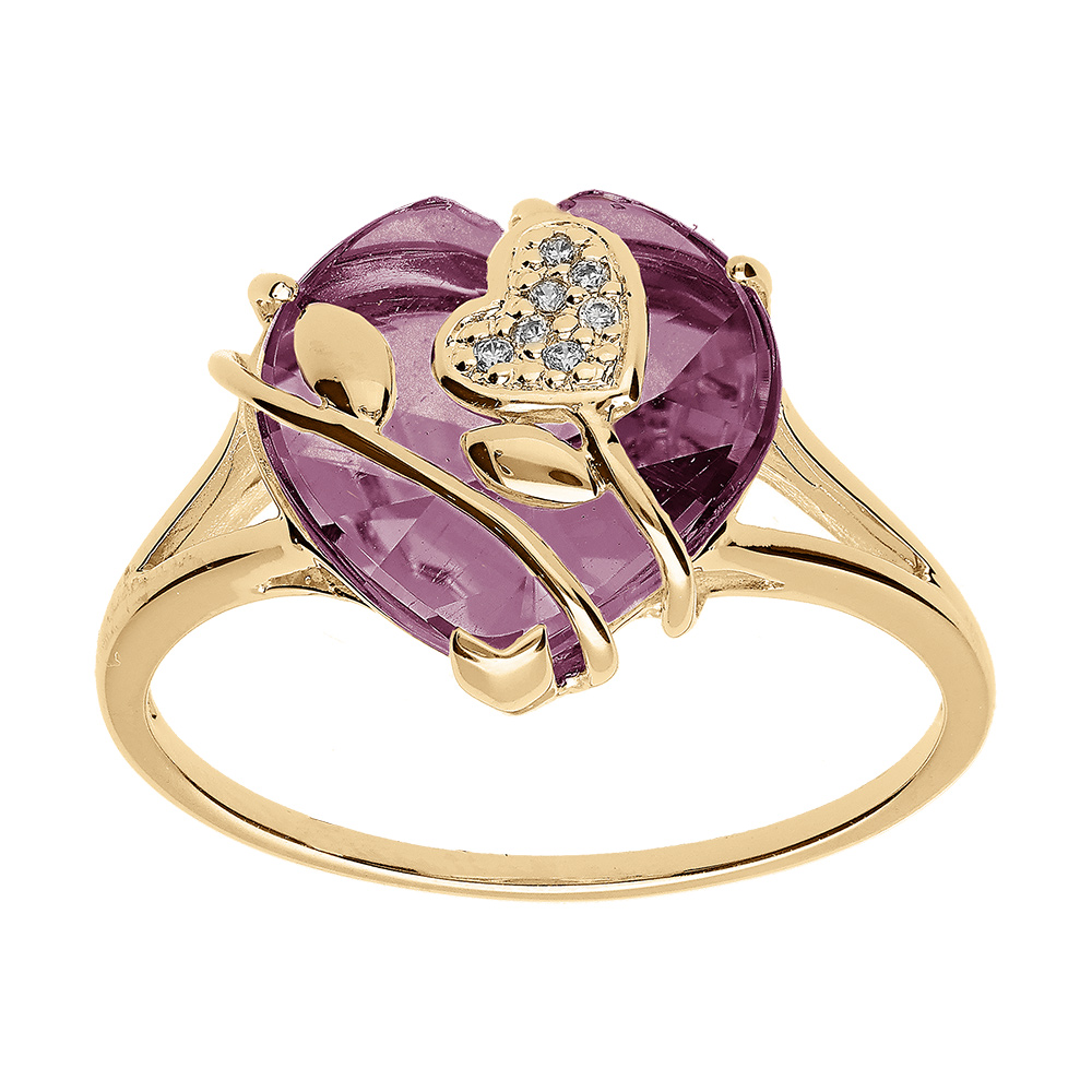 Bague en plaqué or coeur avec oxyde violet et volute