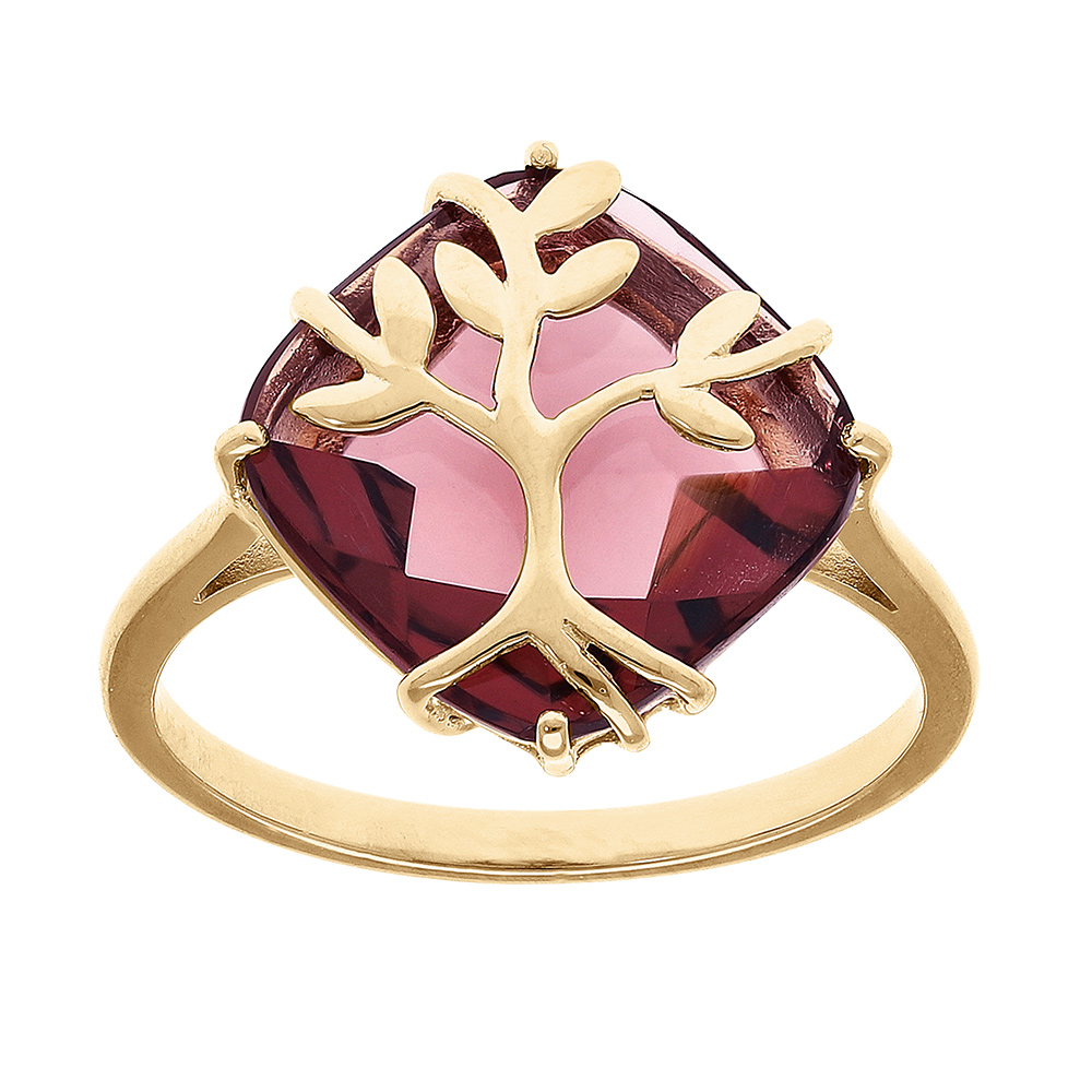 Bague en plaqué or avec oxyde violet et arbre de vie