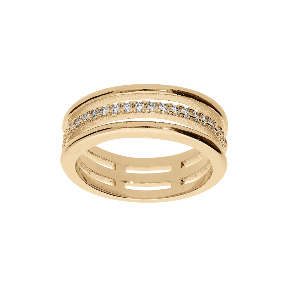 Bague en plaqué or large avec 3 rangs et oxydes blancs sertis