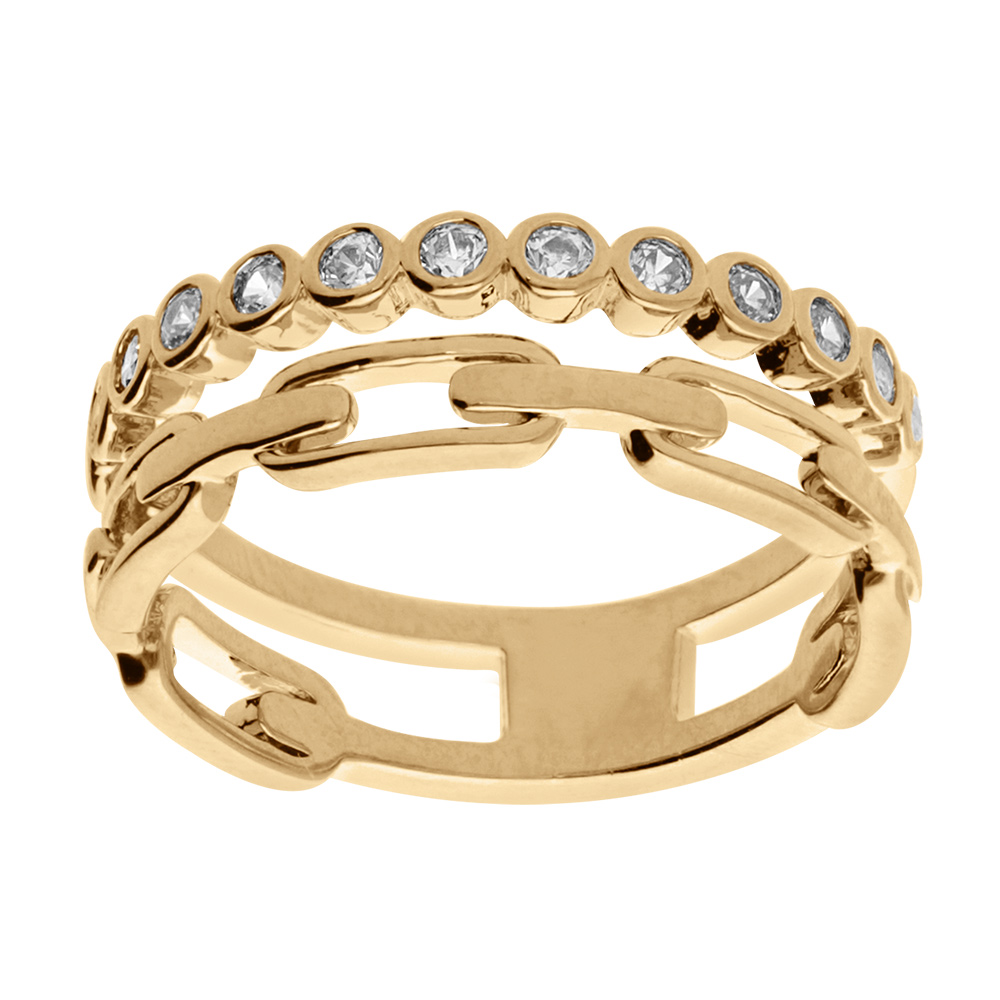 Bague en plaqué or 2 rangs avec oxydes blancs sertis et maille rectangulaire