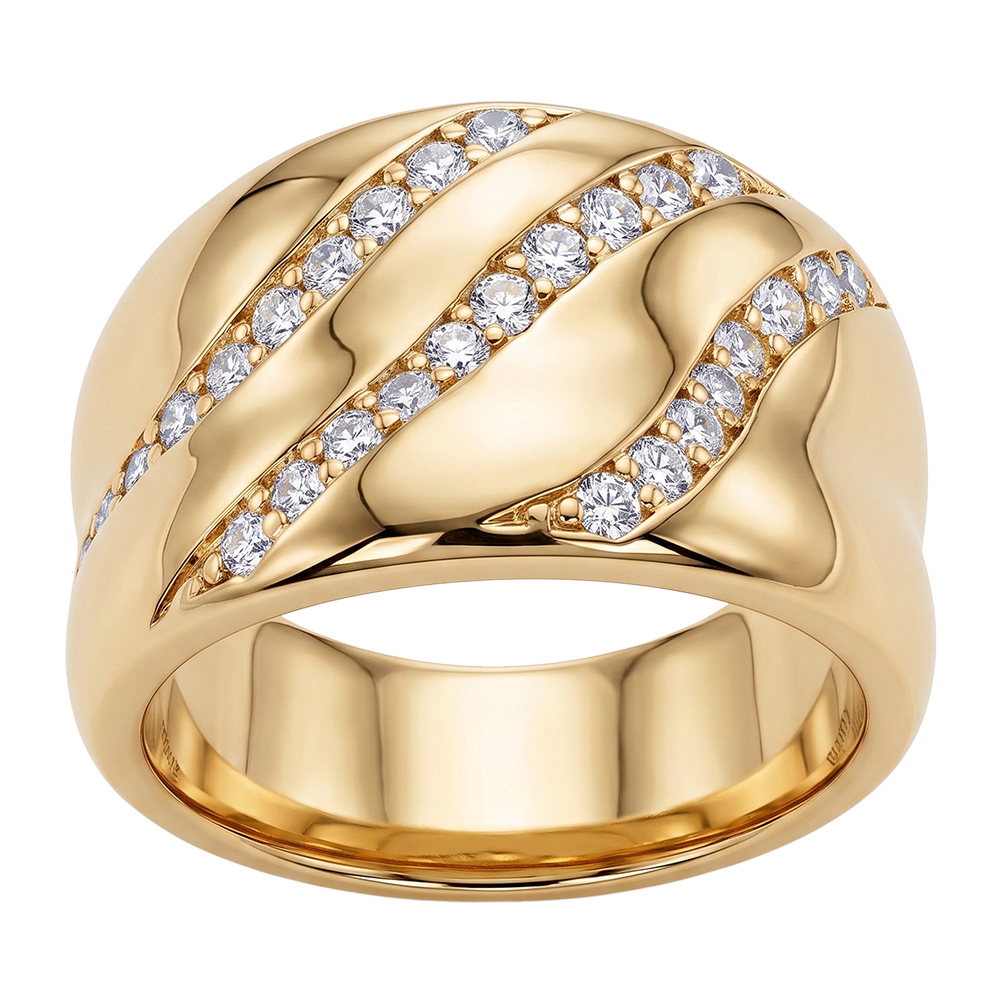 Bague en plaqué or large anneau incurvé avec 3 rangs oxydes blancs sertis en biais