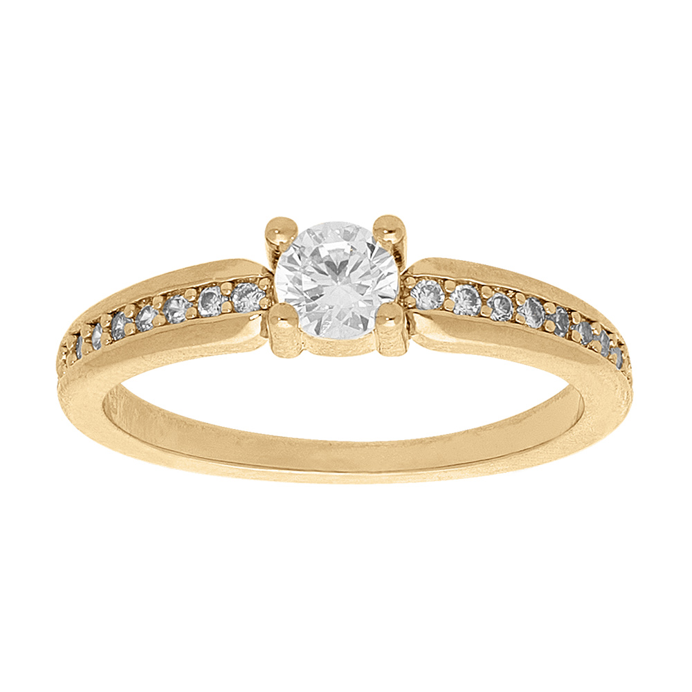Bague en plaqué or solitaire serti avec rail d'oxydes blancs de part et d'autre