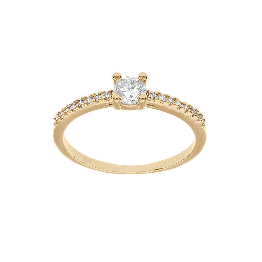 Bague en plaqué or solitaire avec rails d'oxydes blancs sertis et 1 oxyde blanc serti griffe