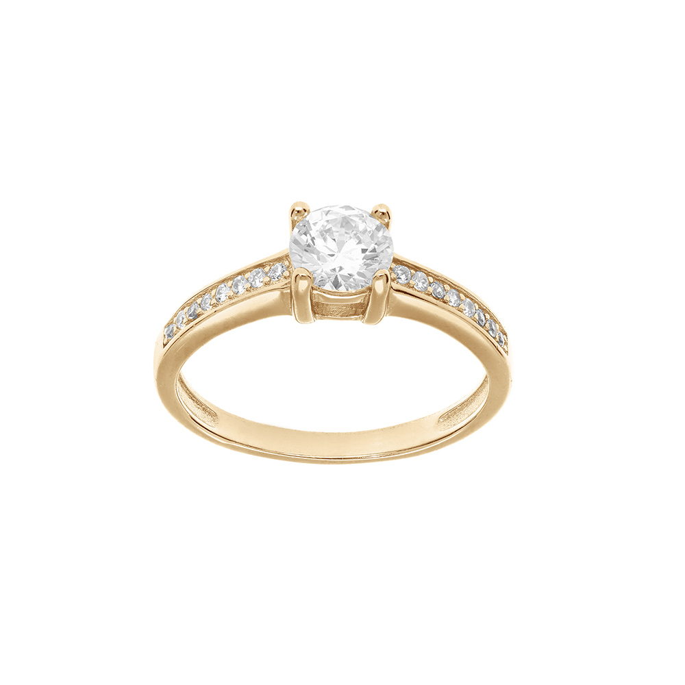 Bague en plaqué or solitaire avec rails d'oxydes blancs sertis et 1 oxyde central blanc serti