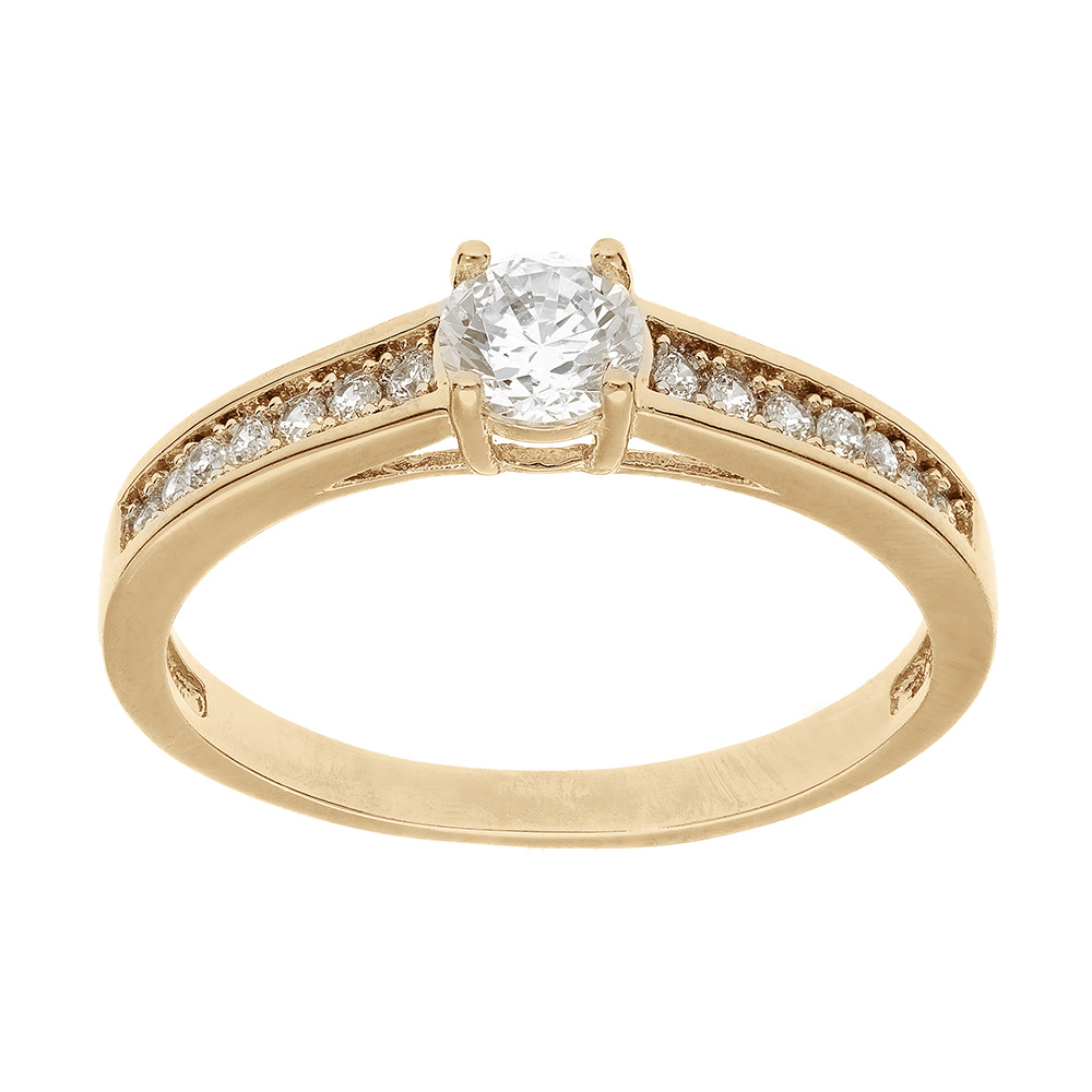 Bague en plaqué or solitaire avec demi rail d'oxydes blancs sertis et 1 oxyde blanc serti griffe