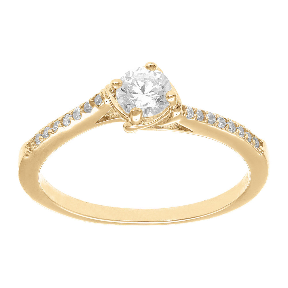 Bague en plaqué or solitaire avec oxydes blancs sertis sur fin anneau et 1 oxyde blanc serti griffe