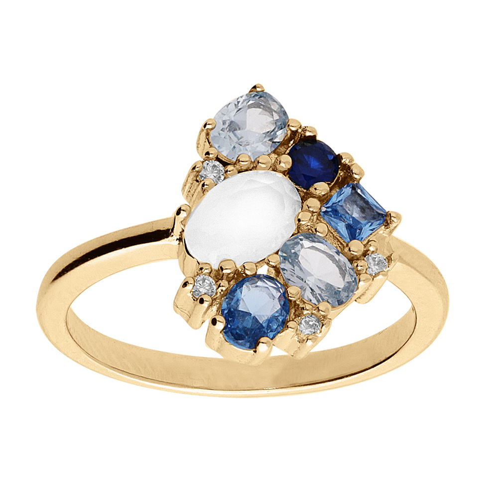 Bague en plaqué or géométrie oxydes bleus et blanc
