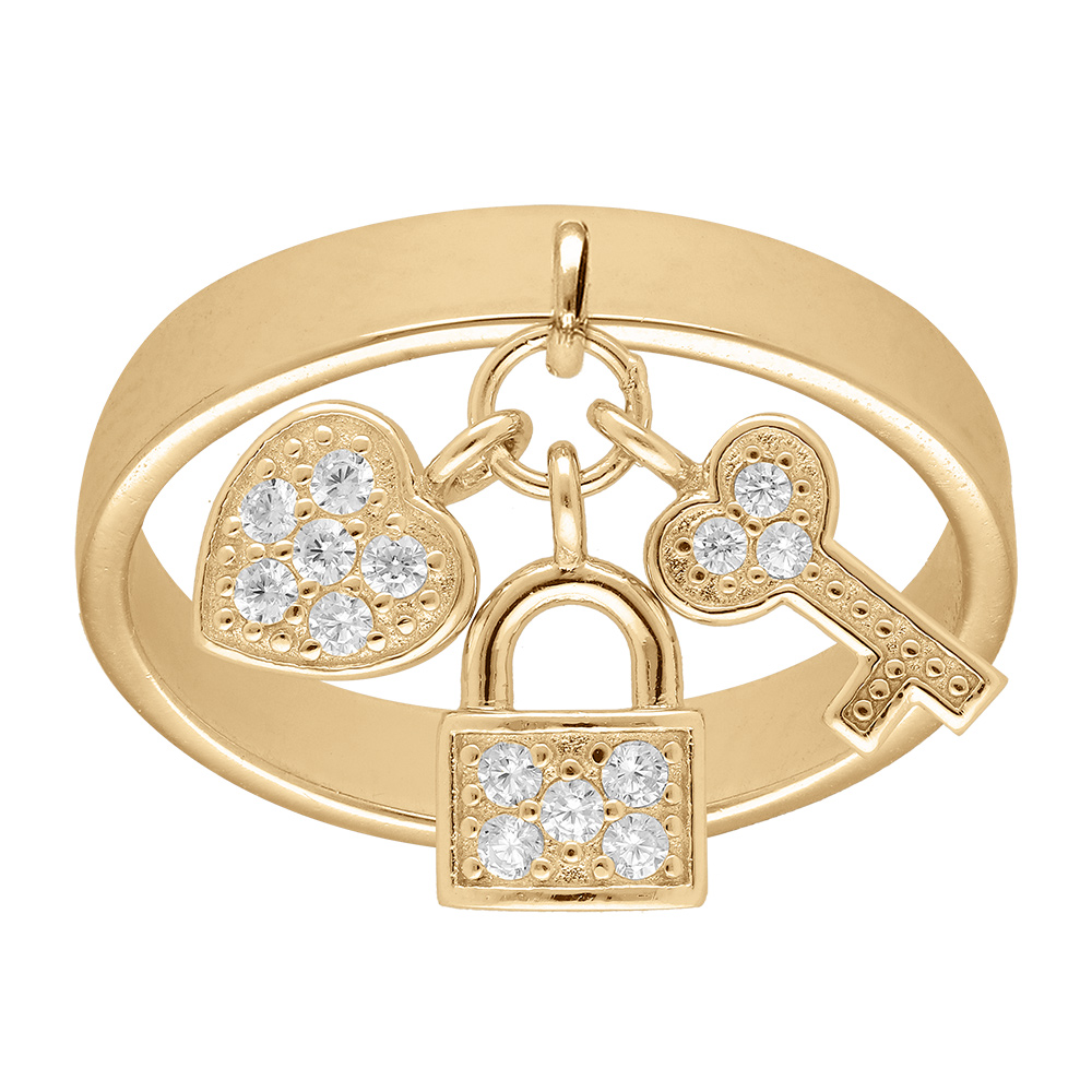 Bague en plaqué or anneau ruban avec breloques cadenas coeur clefs et oxydes blancs