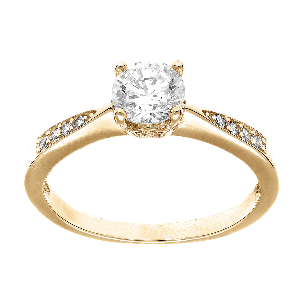 Bague en plaqué or solitaire avec court rail d'oxydes blancs sertis et 1 oxyde blanc serti griffe