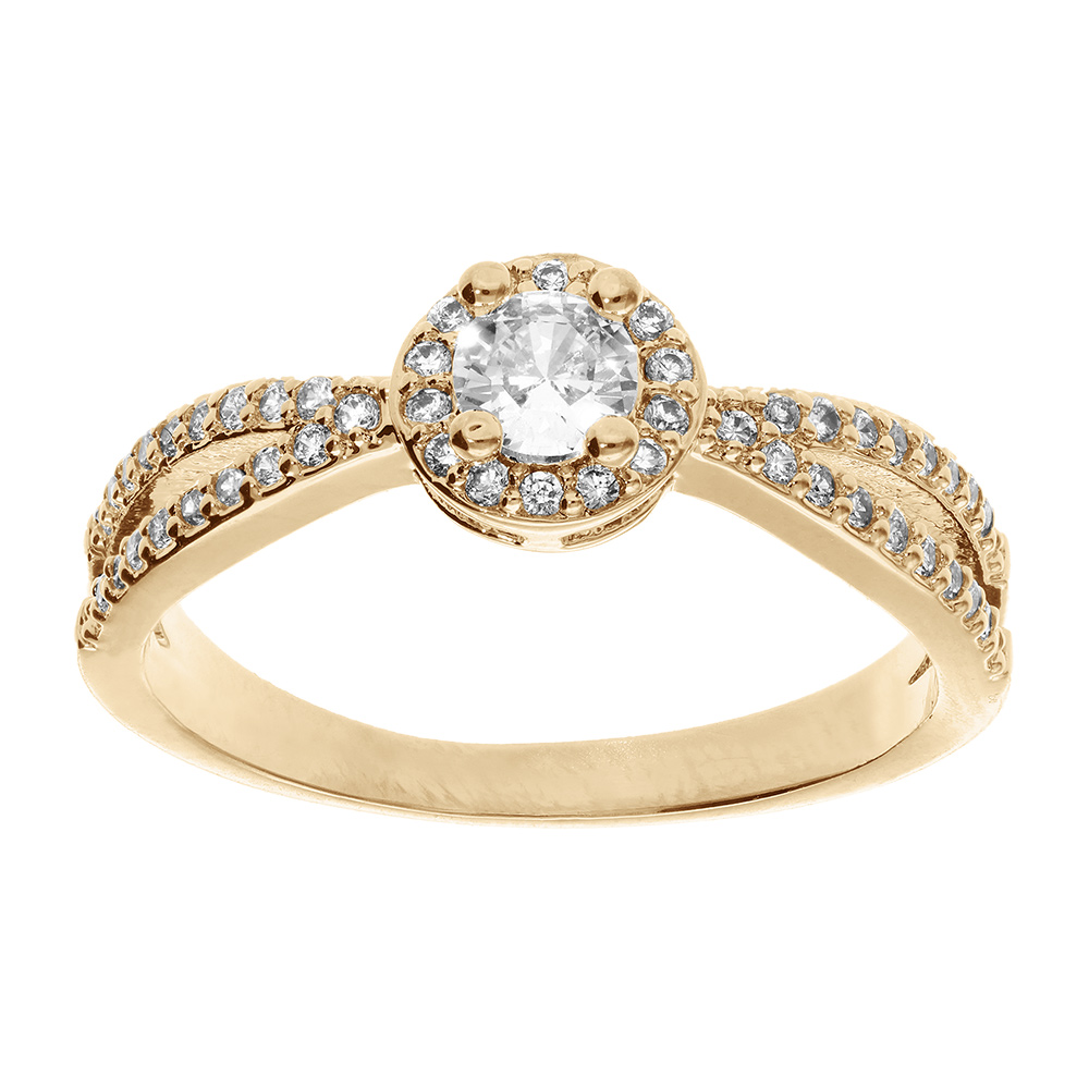 Bague en plaqué or croisée solitaire avec oxydes blancs sertis et 1 oxyde blanc serti griffe