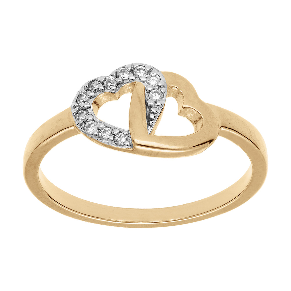 Bague en plaqué or double coeurs avec oxydes blancs sertis