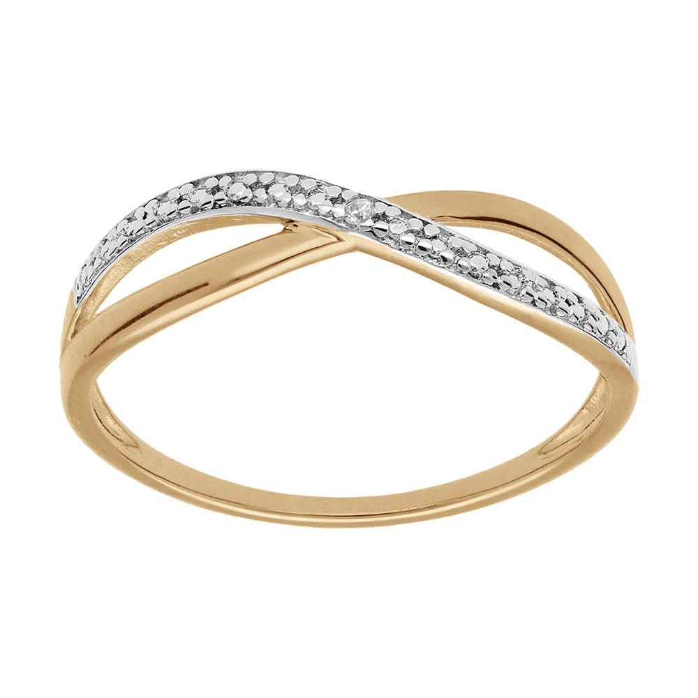 Bague en plaqué or anneau fin lisse croisé avec brin pavé d'oxydes blancs sertis