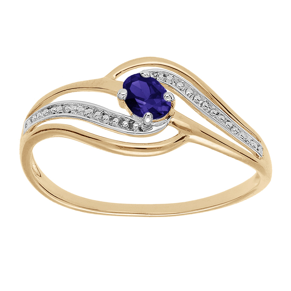 Bague en plaqué or avec volute d'oxydes bleu foncé et blancs sertis