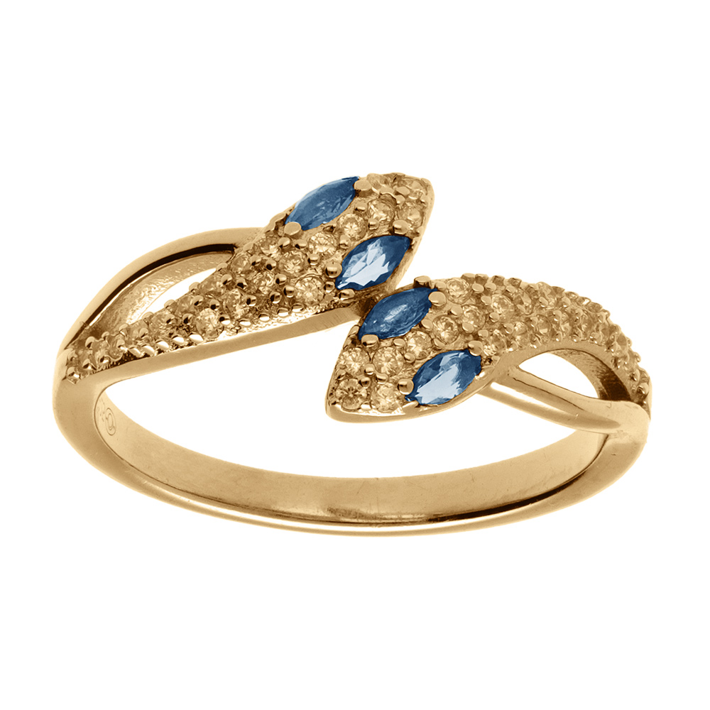 Bague plaqué or serpent double tête ornée d'oxydes blancs et yeux oxydes bleu