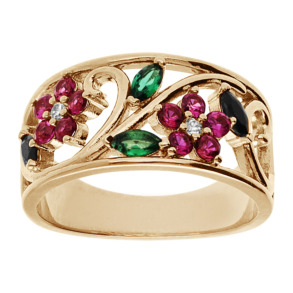 Bague plaqué or avec fleurs oxydes rose verts blancs et noirs