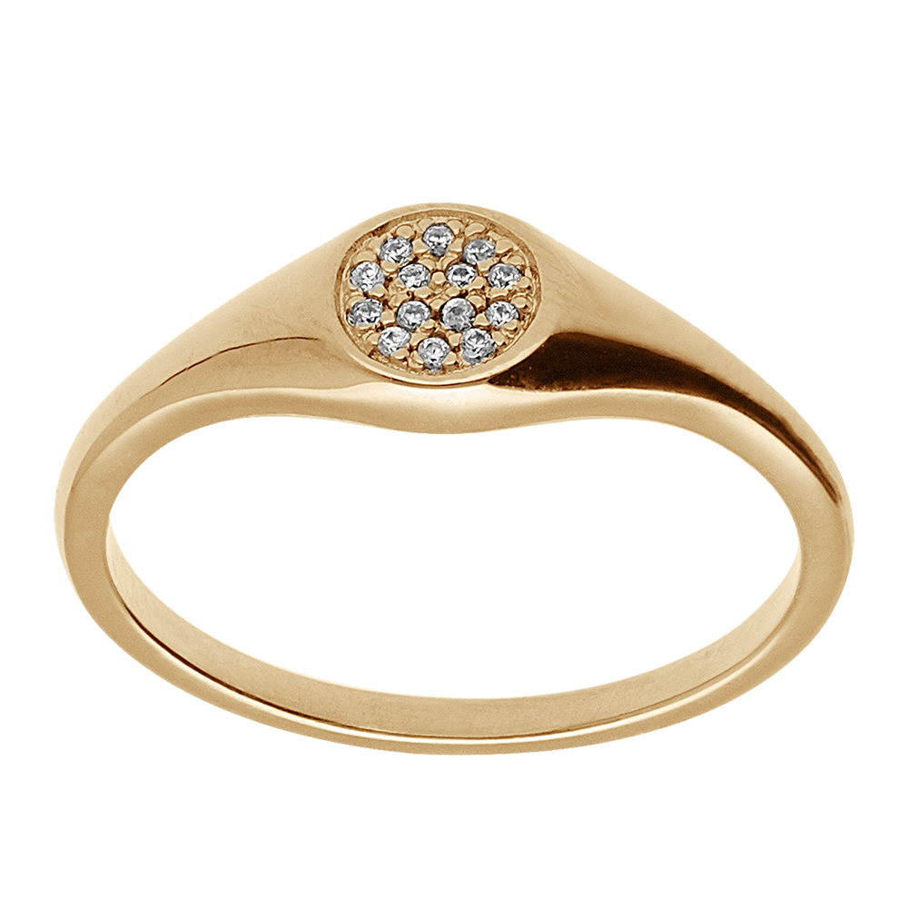 Chevalière femme plaqué or pavé forme rond avec oxydes blancs sertis