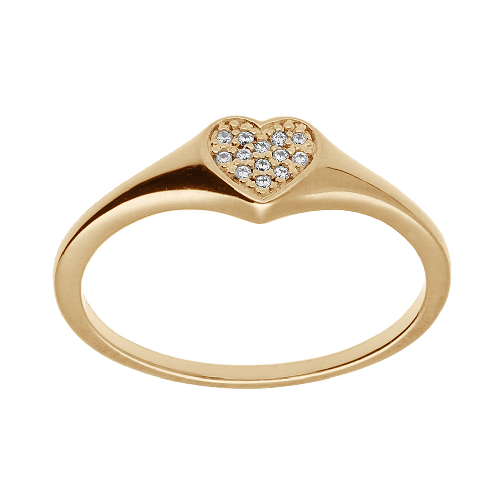 Chevalière femme plaqué or coeur pavé d'oxydes blancs sertis