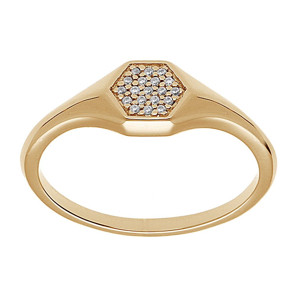 Chevalière femme plaqué or pavé forme géométrique avec oxydes blancs sertis