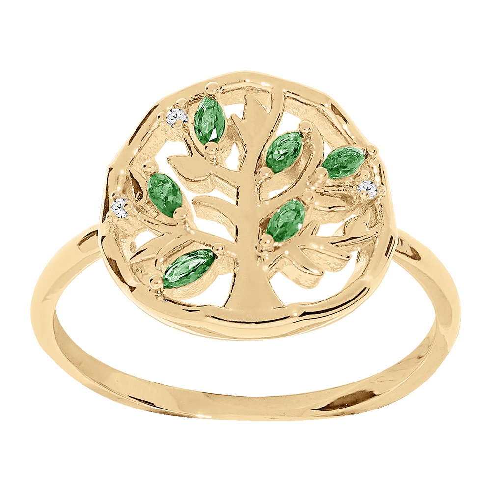 Bague en plaqué or avec arbre de vie et oxydes verts