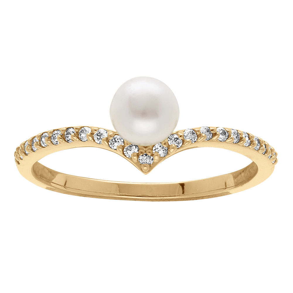 Bague en plaqué or forme v ornée d'oxydes blancs et perle de culture d'eau douce Bague en plaqué or forme v ornée d'oxydes blancs et perle de culture d'eau douce