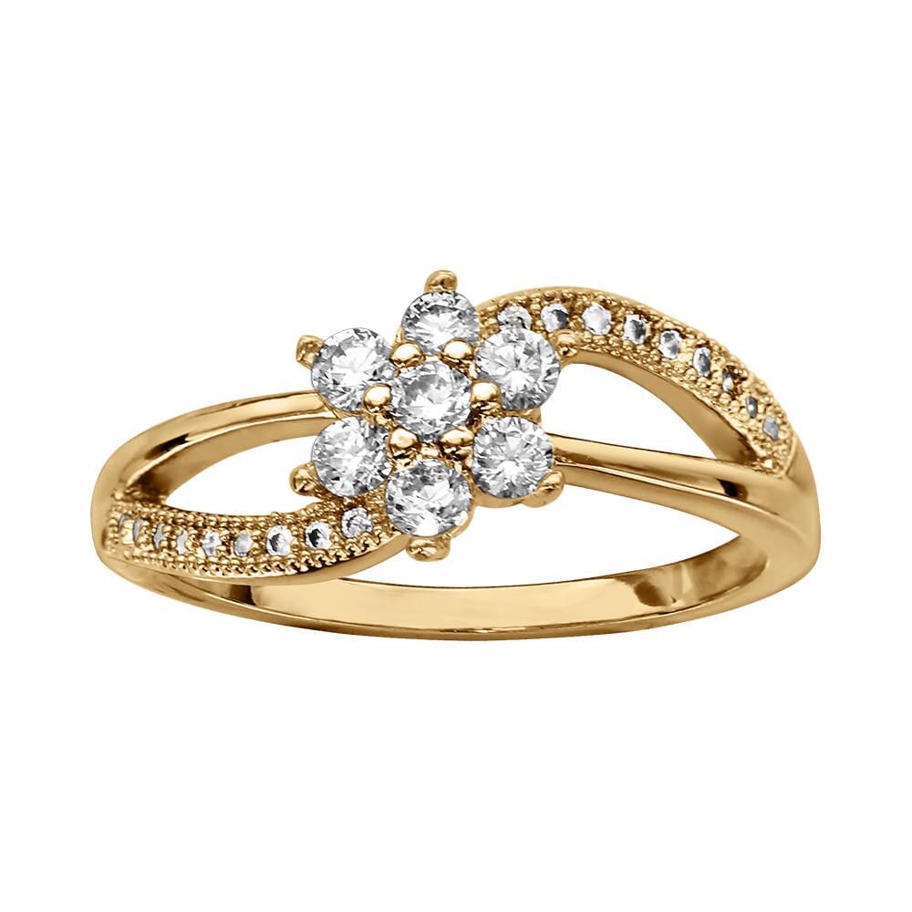 Bague en plaqué or brins croisés dont 1 rail d'oxydes blancs avec fleur en oxydes blancs au centre