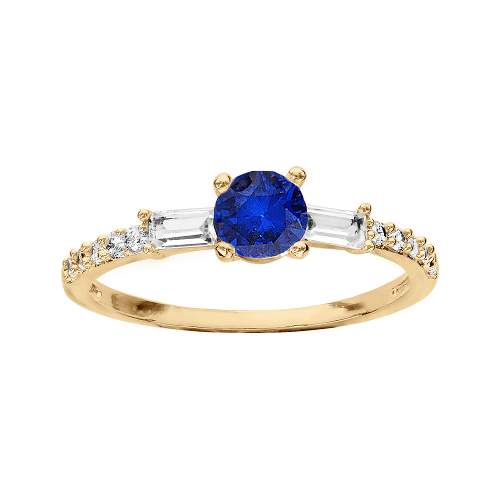 Bague en plaqué or style alliance rail oxyde bleu central et oxydes blancs sertis