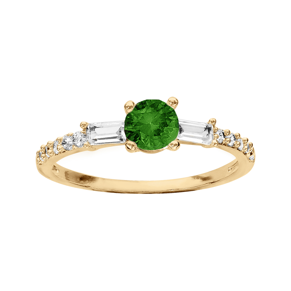 Bague en plaqué or style alliance avec oxyde vert central et  rail  d'oxydes blancs sertis