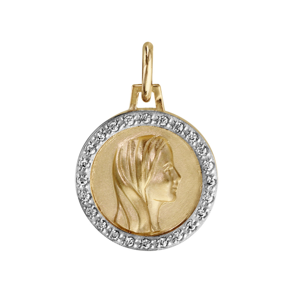 Pendentif médaille plaqué or vierge contour oxydes blancs sertis 16mm Pendentif médaille plaqué or vierge contour oxydes blancs sertis 16mm