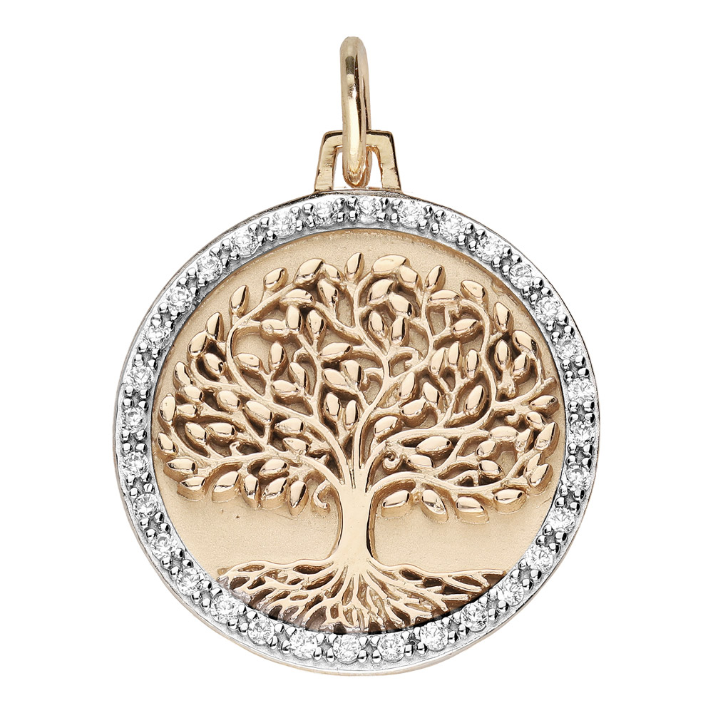 Pendentif en plaqué or rond 20mm arbre de vie contour oxydes blancs sertis