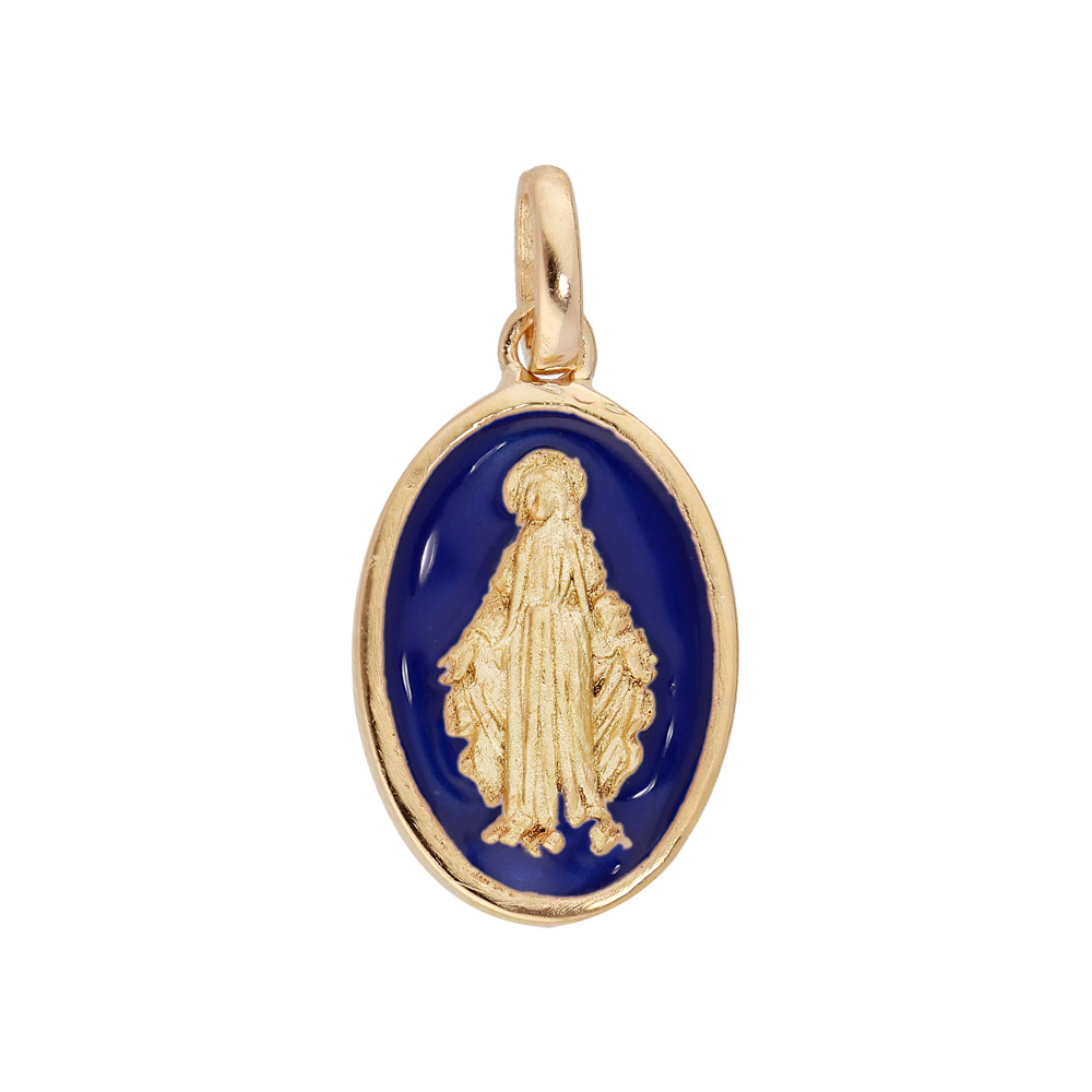 Pendentif en plaqué or ovale vierge miraculeuse fond bleu foncé