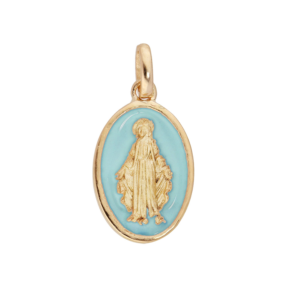 Pendentif en plaqué or ovale vierge miraculeuse fond bleu ciel