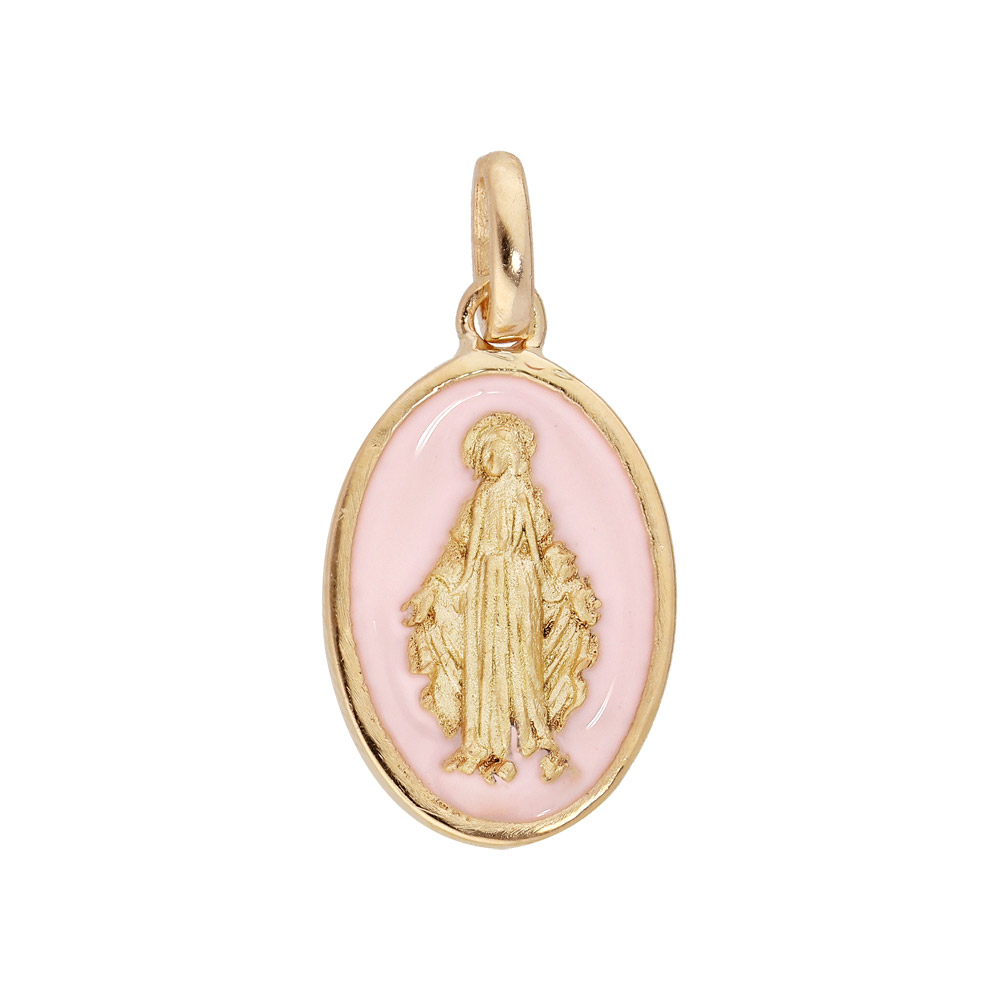 Pendentif en plaqué or ovale vierge miraculeuse fond rose pâle