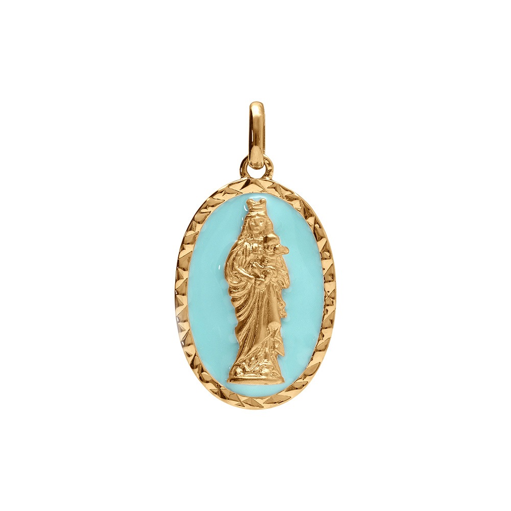 Pendentif en plaqué or ovale vierge et l'enfant 20mmx13mm fond bleu ciel