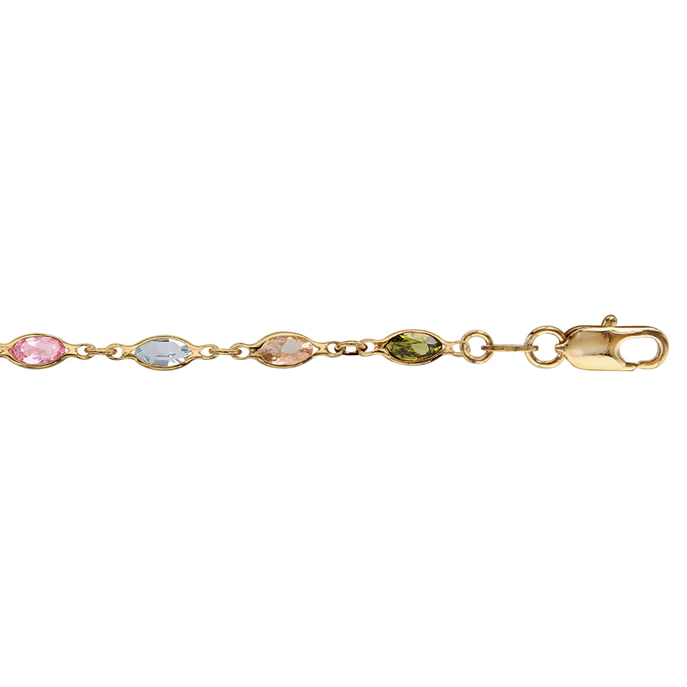 Bracelet en plaqué or alternance d'oxydes en forme de navette de couleur verte, bleue, orange et rose - longueur 18cm