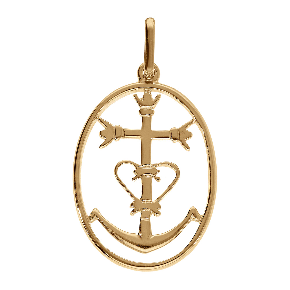 Pendentif en plaqué or oval avec croix Camarguaise - Symbole de la Camargue, tridents, ancre et coeur