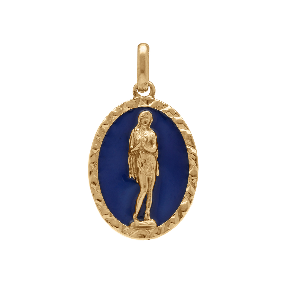 Pendentif en plaqué or ovale marie madeleine 18mm x 13mm sur fond résine bleu foncé